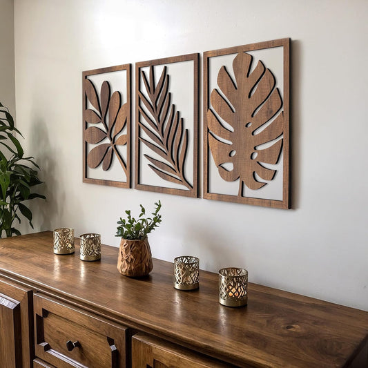 qmmp Modern Wooden Wall Sculptures - Set of 3 - Home Decor Accent - Large Wall Art for Living Room, Bedroom, Office - Easy Installation (Walnut, Medium - Tree Leaves)