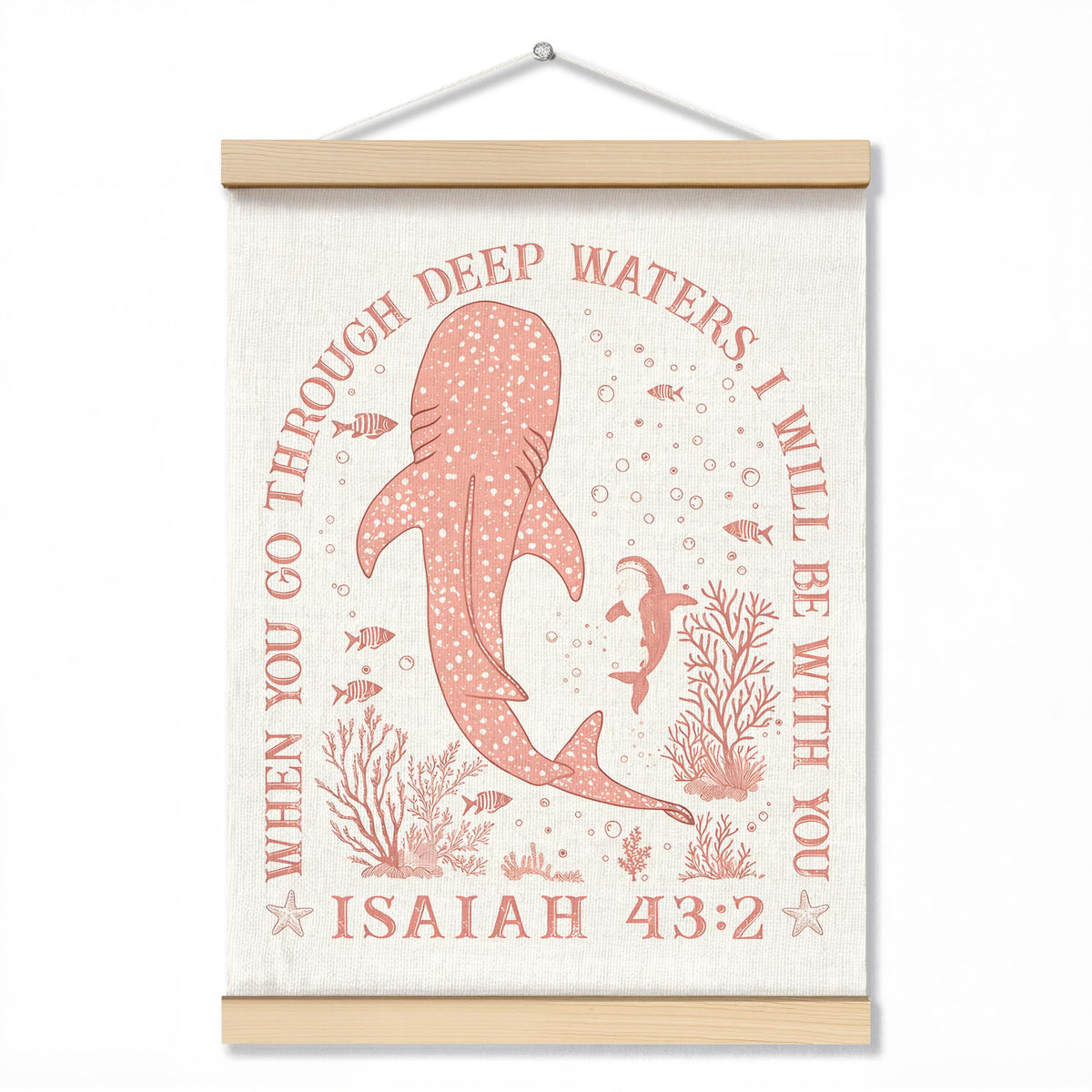 ZNGFON Trendy Whale Shark Christian Wall Decor, When You Go Through Deep Waters I Will Be With You Isaiah 43:2 Wall Art Poster with Wooden Frame, Blue Bible Verse Wall Hanging Home Decor, 12x16 Inch