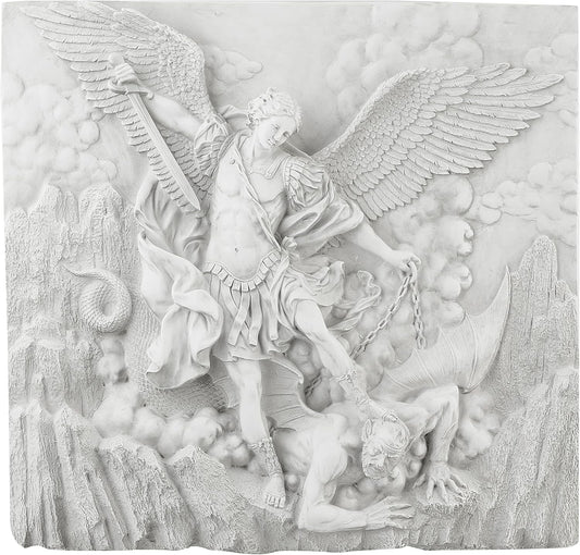 Design Toscano Michael the Archangel Slaying Demon Indoor/Outdoor Wall Frieze Sculpture, 22 inches wide, Cast Stone Resin, Antique Stone Finish