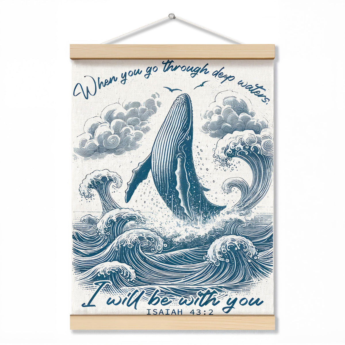 ZNGFON Trendy Whale Shark Christian Wall Decor, When You Go Through Deep Waters I Will Be With You Isaiah 43:2 Wall Art Poster with Wooden Frame, Blue Bible Verse Wall Hanging Home Decor, 12x16 Inch