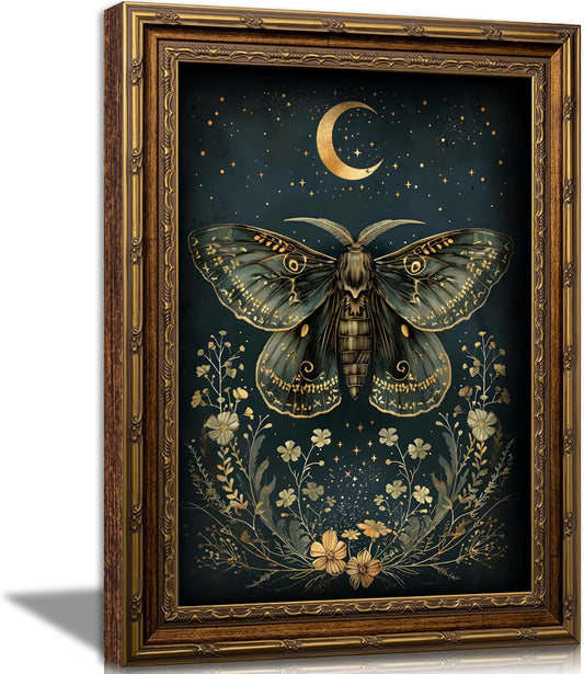 Vintage Gold Framed Butterfly Canvas Wall Art Dark Academia Gothic Moths and Moon Painting Picture Wall Decor Retro Victorian Botanical Insect Flower Poster Print Artwork for Living Room Bedroom