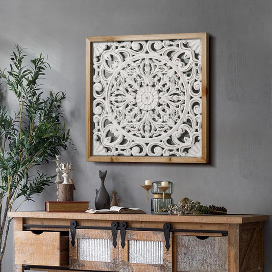 XIAOAIKA Boho Carved Wood Wall Art Panel, Floral Mandala, Distressed White