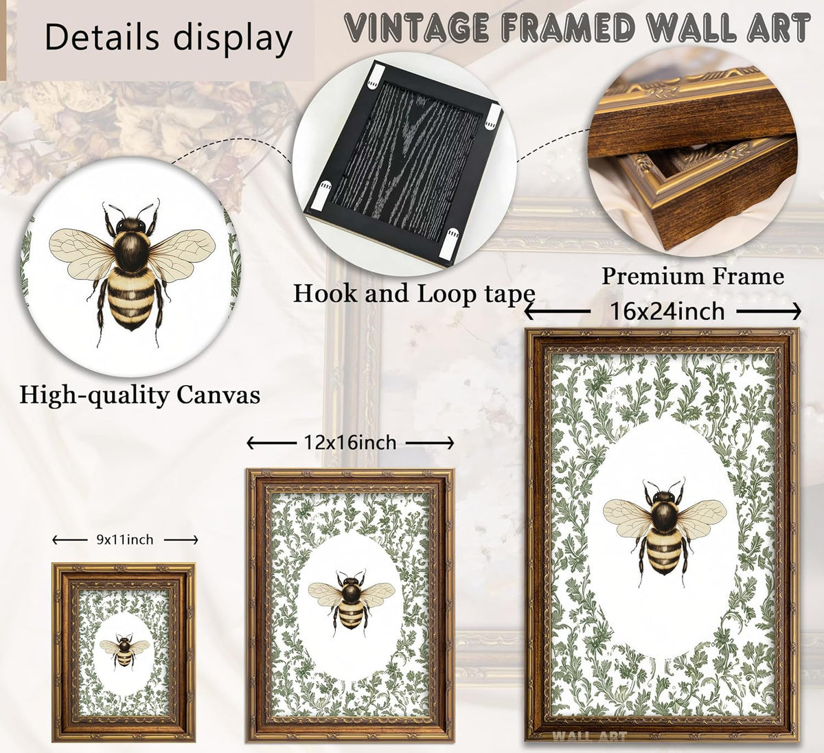 SKZMBTI Vintage Gold Framed Insect Wall Art Classical Bee Painting Prints