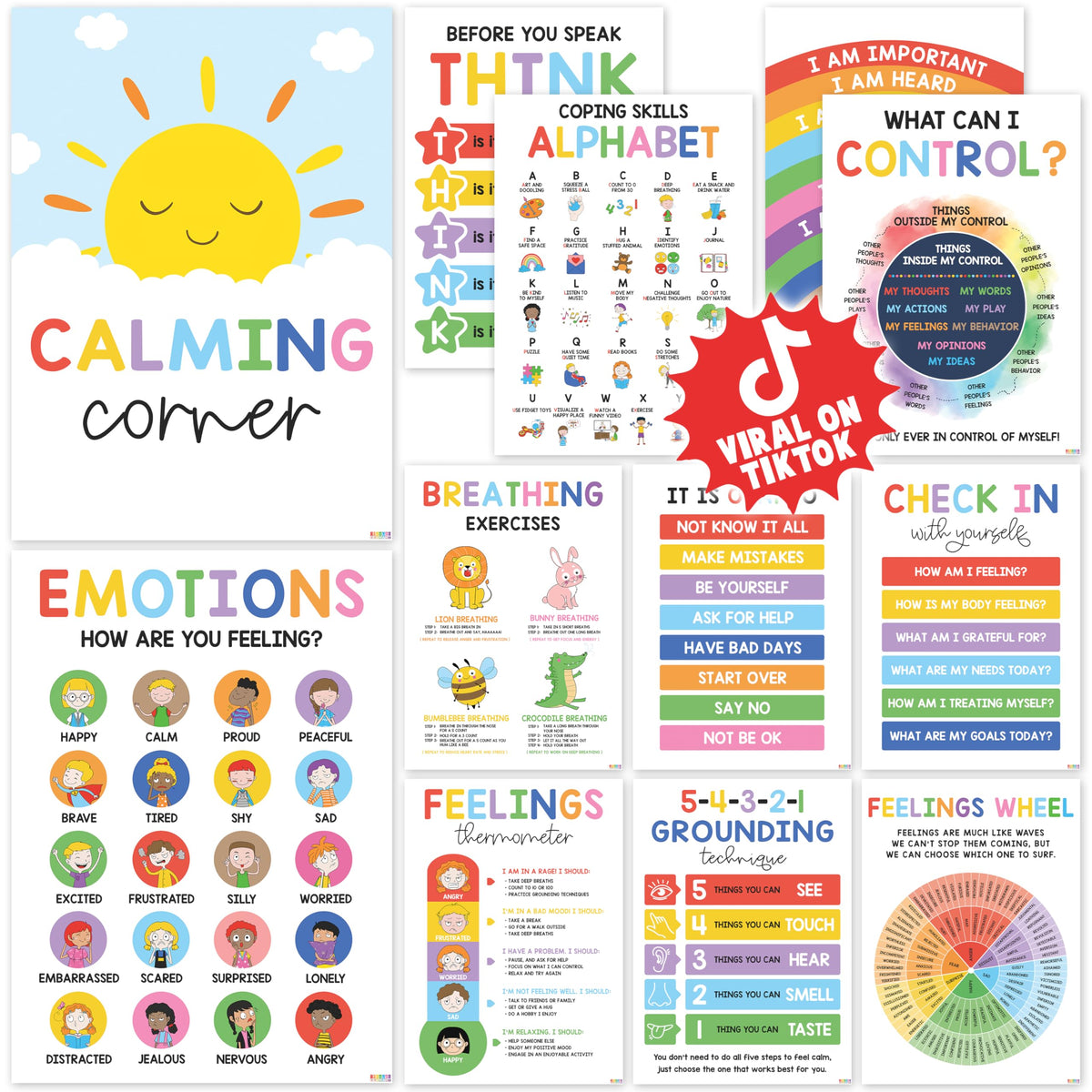 BEAWART Calming Corner Classroom Posters, 12 Pack 10x14 Boho Feelings Chart