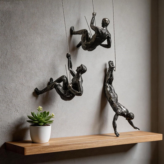 NestVogue Set of 3 Climbing Man Wall Sculpture - 3D Industrial Mountaineering Statue, Modern Abstract Rock Climber Wall Art, Easy-to-Hang Resin Figurine for Home Gym Office Decor, Vintage Bronze