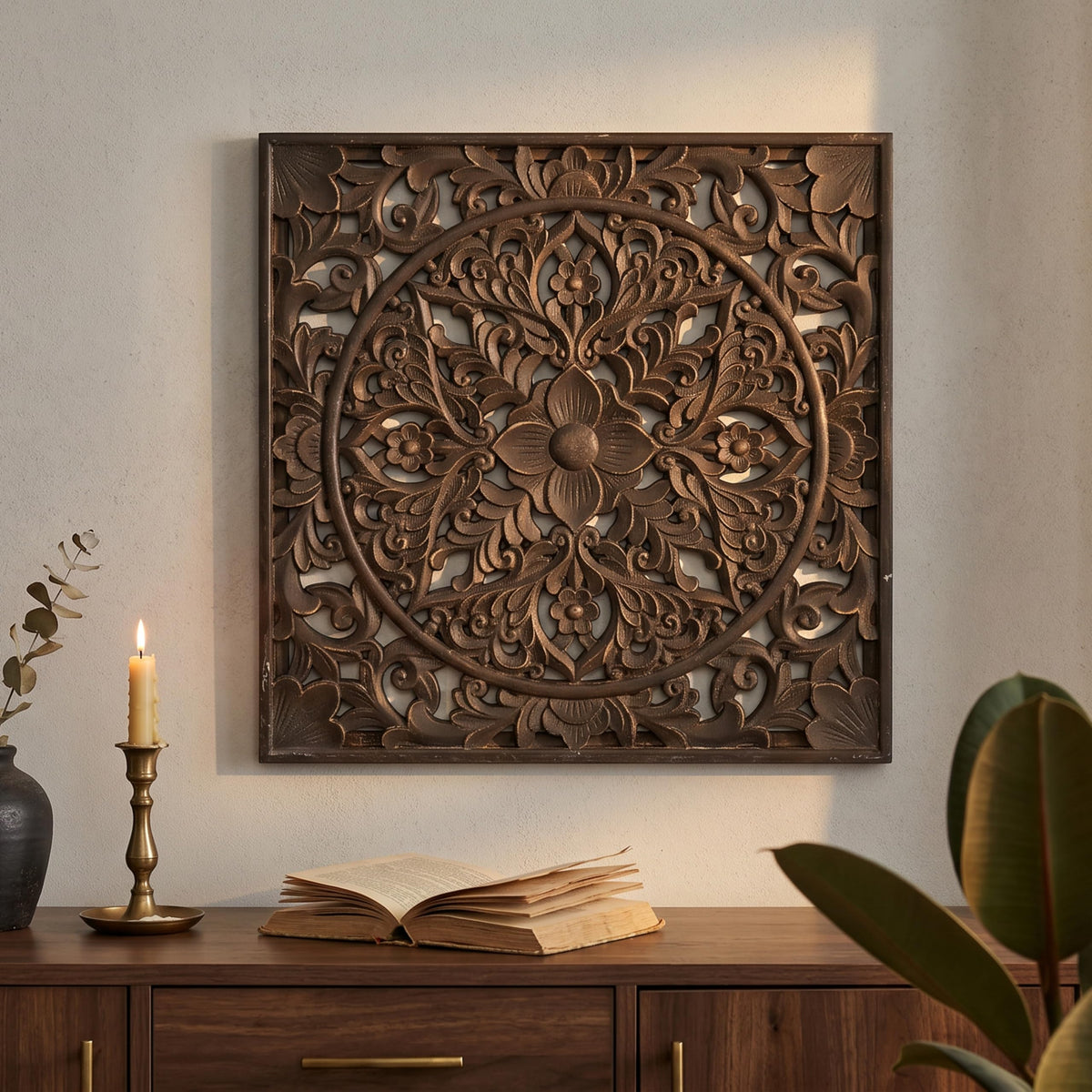XIAOAIKA Boho Carved Wood Wall Art Panel, Floral Mandala, Distressed White