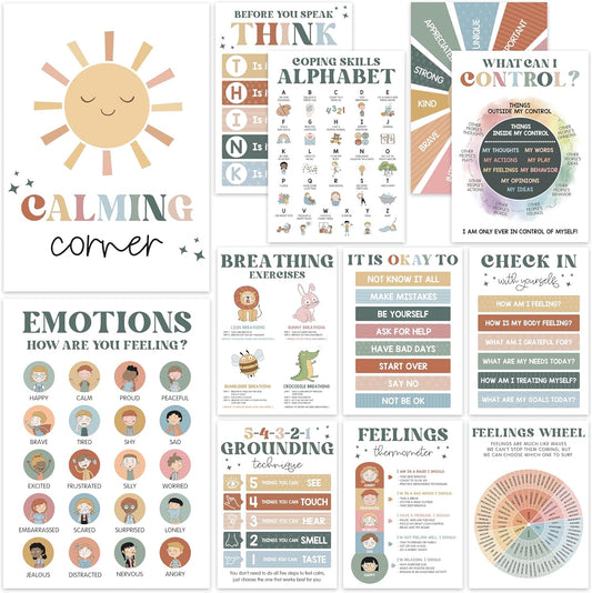 BEAWART Calming Corner Classroom Posters, 12 Pack 10x14 Boho Feelings Chart