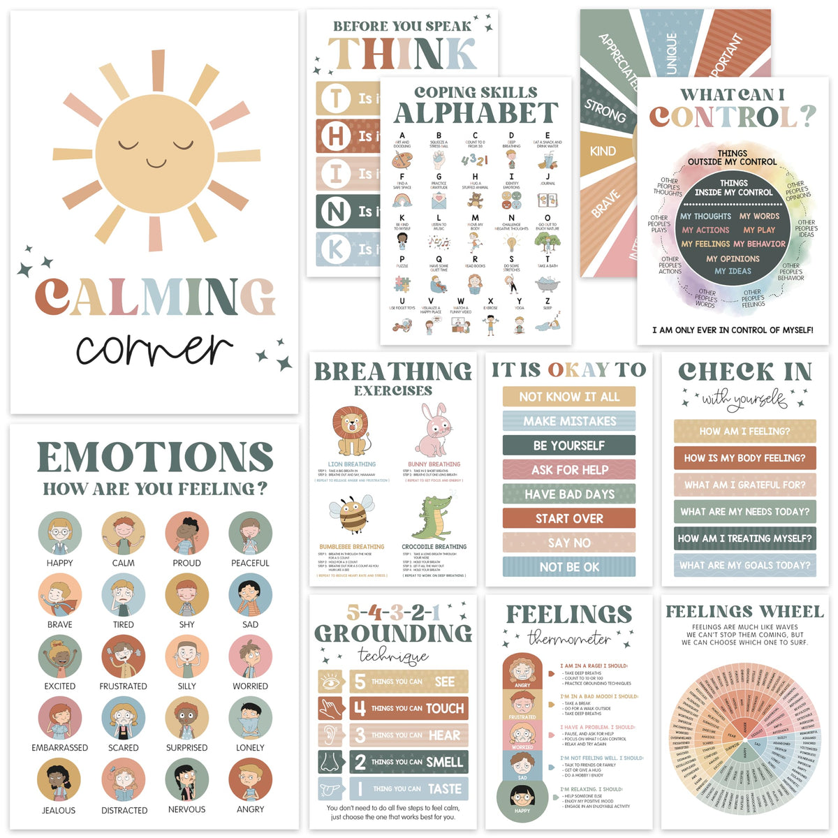 BEAWART Calming Corner Classroom Posters, 12 Pack 10x14 Boho Feelings Chart