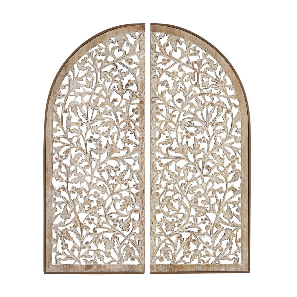 Deco 79 Wooden Floral Handmade Home Wall Decor Arched Wall Sculpture with Intricate Carvings, Set of 2 Wall Art 15"W, 36"H, Brown